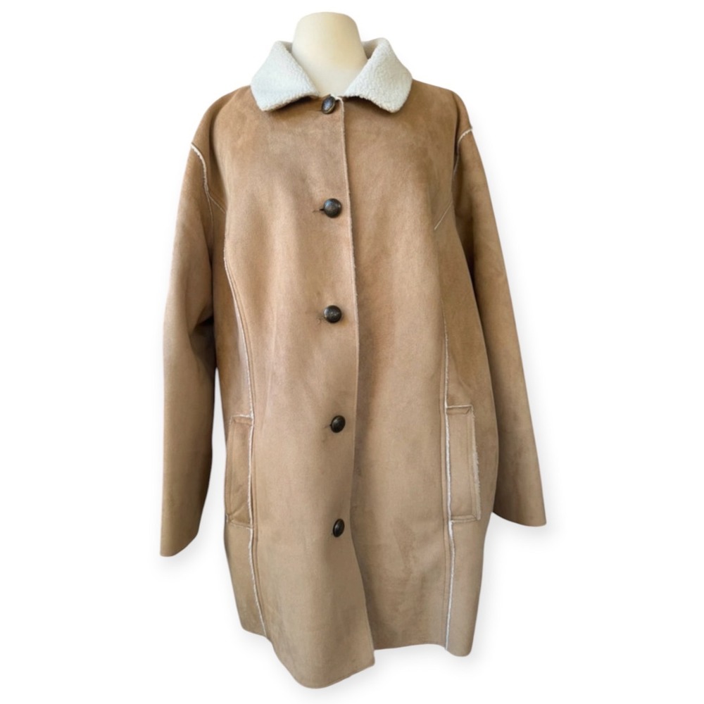 Denim & Co Vintage Y2K Faux Suede Shearling Coat Tan Plus 2X 18W Crest Buttons